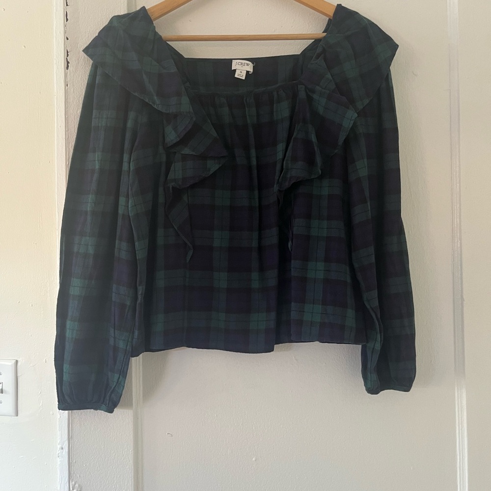 J. Crew Women's Navy and Green Plaid Ruffle Blouse